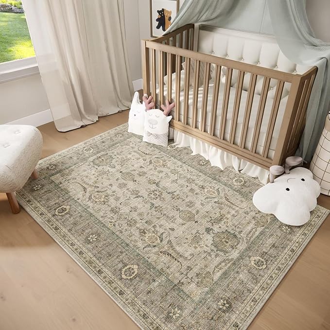 Washable 5x7 Area Rugs for Living Room, Boho Non-Slip Silicone Backing Rugs for Bedroom Dining Room Nursery Office, 0.3" Neutral Oriental Throw Carpet with 0.16" Cushioning Pad, Light Brown/Multi