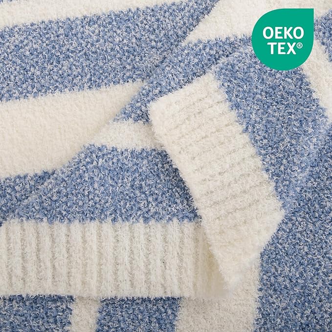 NEXHOME PRO Stripe Cozy Blanket, Knit Fuzzy Throw Blanket for Couch Bed Sofa Picnic, Ultra Soft Blankets for Women Gifts Blue 50 x 60 inches