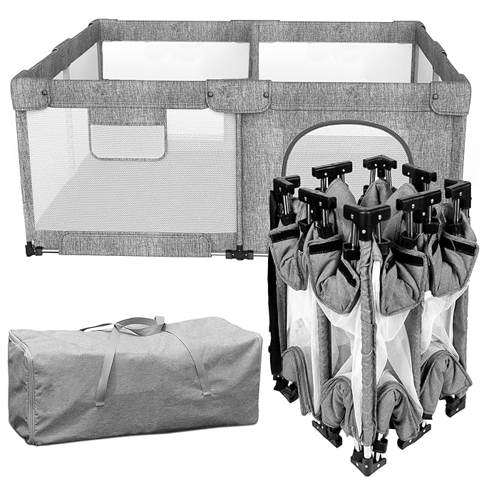 Foldable Baby Playpen with Gate, Extra Large Collapsible Play Yard for Babies & Toddlers, Portable Travel Play Pen with Fence, Safe Activity Center for Indoor & Outdoor Use (51"×51" Grey)