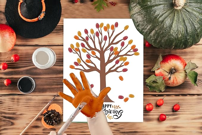 Gratitude Tree Fingerprinting Kit, DIY Happy Thanksgiving Keepsake, Baby Keepsake Gifts, 10 Cards, Thanksgiving Party Game Supplies, Make Your Own Thank You Greeting Cards Gifts for Mom and Dad, 03