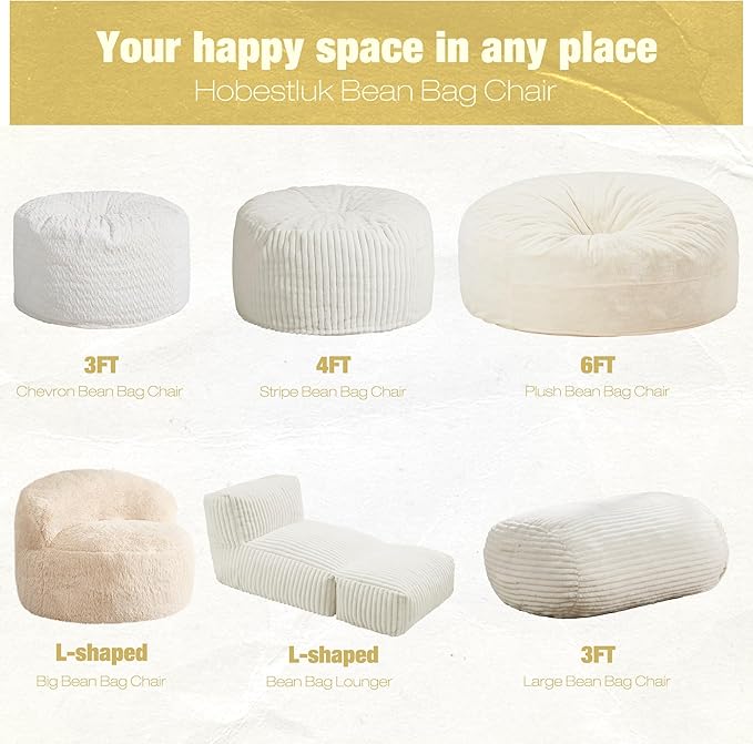 Hobestluk 3FT Bean Bag Chairs Adult Bean Bag with Portable Handle Comfy Large Bean Bag Chair with Removable Cover for Living Room Bedroom or Reading Nook (Stripe White, 3FT)