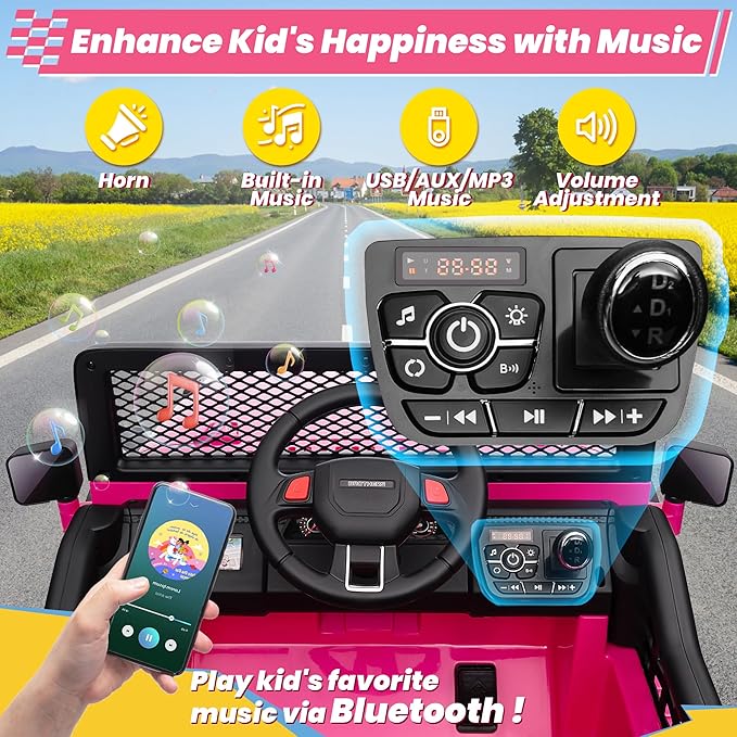 24V 4WD Ride on Truck Car w/800W Motors, Gift Flower, Remote Control, 2 Seaters, Light Bar, 3 Speeds, Pop Music, Power Four Wheels, 24 Volt Ride on Toy Car for Big Kids, Rose Red
