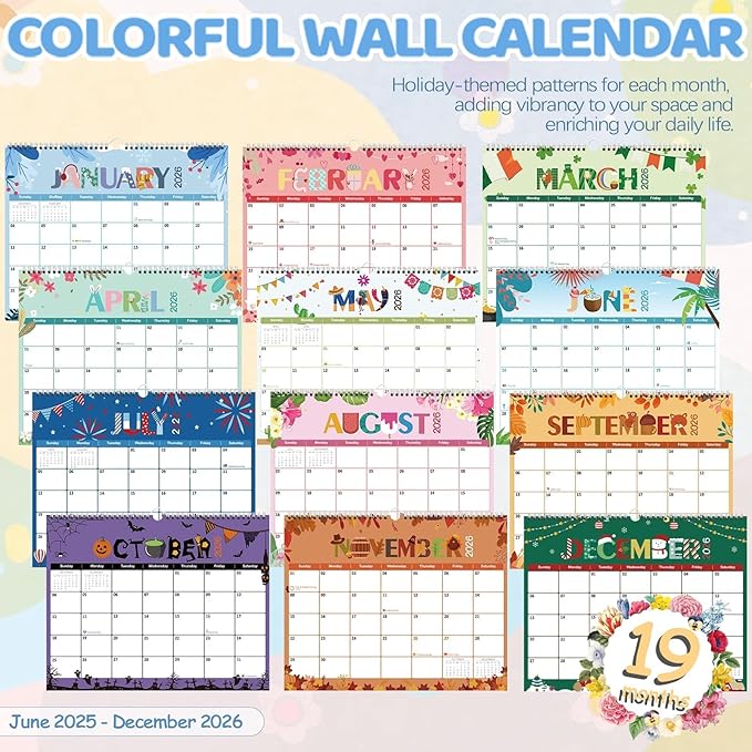 GuassLee Wall Calendar 2025-2026, 19 Months Running from Jun. 2025 to Dec. 2026, 14" X 11" Paper Hanging Planner Wall with Thick Paper for Office Home Planning & Organizing