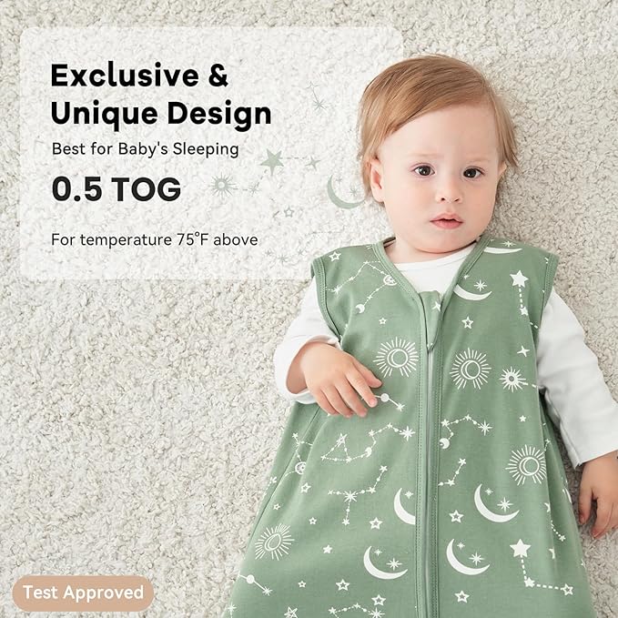 Baby Sleep Sack 12-18 Months 3 Pack 100% Cotton Lightweight 0.5 TOG Wearable Blanket Baby Sleep Bag with 2-Way Zipper for Infant Toddler
