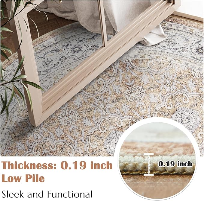 jinchan Round Rug 8ft Washable Circle Soft Rug - Low Pile Vintage 8'Round Indoor Orange Floral Print Stain Resistant Boho Carpet Ultra-Thin Non-Slip for Living Room Bedroom Dining Room Kitchen