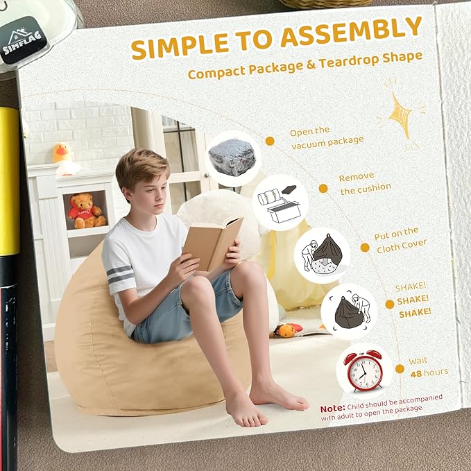 2FT Bean Bag Chair, Comfy Bean Bag Chairs with Memory Foam Filled, Fluffy Beanbag Sofa with Dutch Velvet Cover, Teardrop BeanBag Chairs for Living Room, Playroom - Khaki