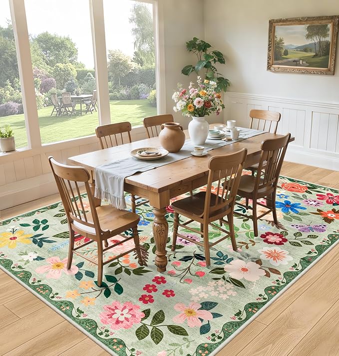 10x14 Area Rugs for Living Room: Floral Washable Rug Vintage Large Soft Boho Non-Slip Carpet Indoor Stain Resistant Low Pile Carpets for Bedroom Dining Room Farmhouse Nursery Hallway Home Office Green