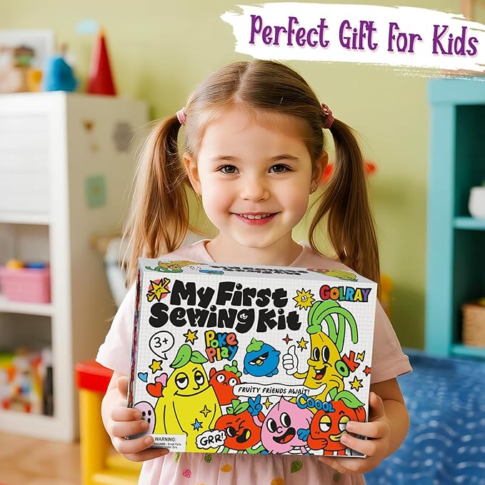 Golray Fruit Plushie Sewing Kit for Kids - My First Sewing Kit for Beginners, 7 Easy Felt Craft Project of Fruit Toys with Yarn, Leather, Plastic Needles, Glue & Instruction, Gift for Kid Girls Boys