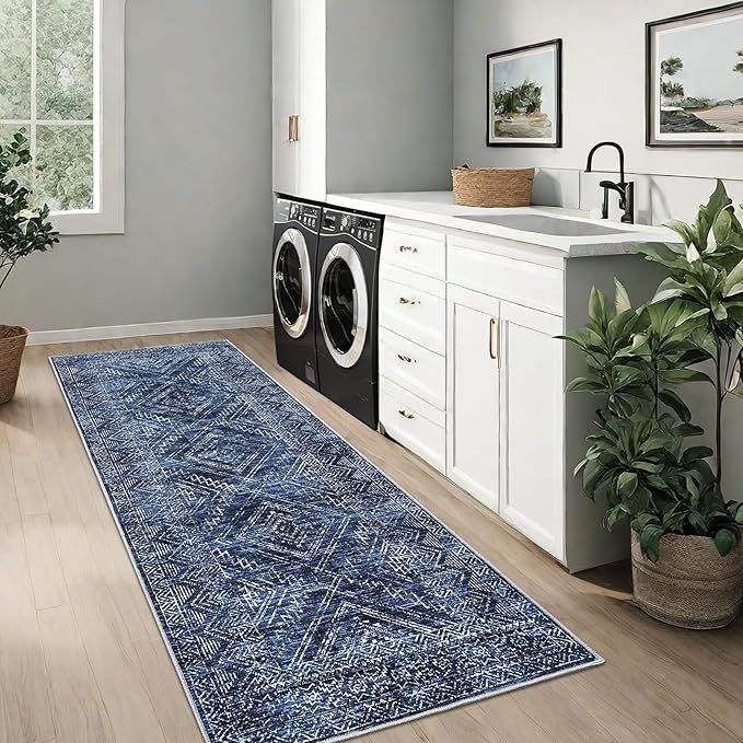 COZYLOOM Washable Runner Rug 2x8 Vintage Non Slip Low Pile Rug Soft Throw Floor Cover Geometric Tribal Foldable Indoor Carpet for Living Room Bedroom Hallway, Blue