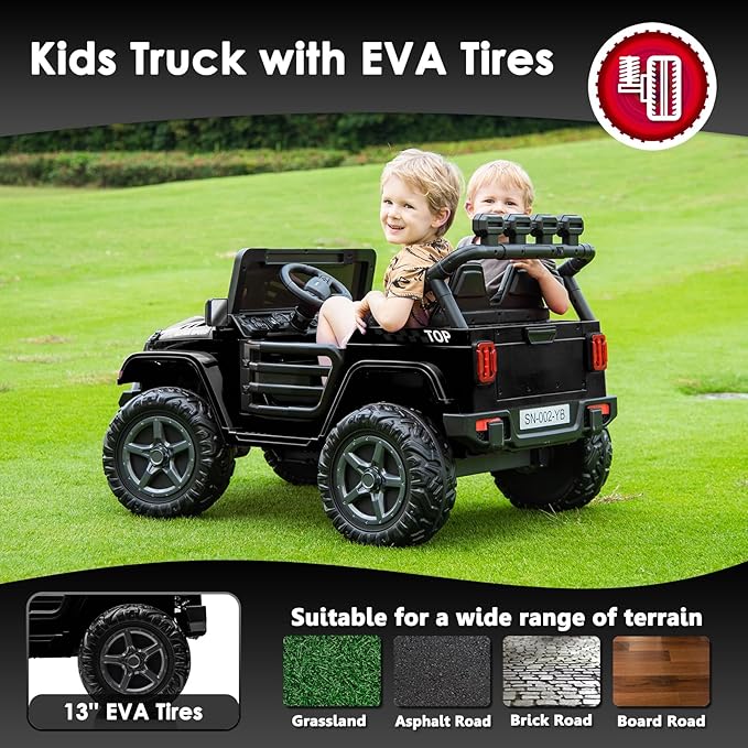 24V 2 Seater Ride On Truck with Remote Control 4WD Electric Car for Kids Ride On Car Battery Powered Ride On Toy Car with Music Player, LED Lights, Bluetooth, Rear Shock Absorber, Black