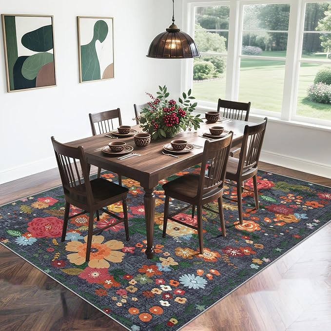 8x10 Area Rug for Living Room: Vintage Floral Washable Rug Soft Boho Non Slip Carpet Large Indoor Floor Non Shedding Low Pile Thin Carpets for Bedroom Dining Room Farmhouse Nursery Home Office Black