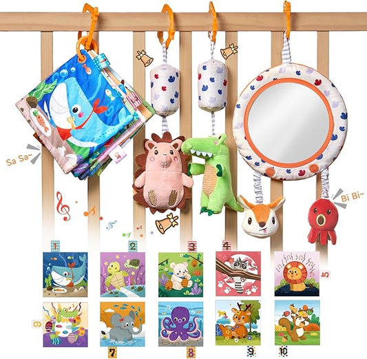 TUMAMA Car Seat Toys 3 6 9 12 Months, Plush Animal Rattle Mirror Soft Crinkle Book Baby Enlightenment Toy Set, Newborn Crib Stroller Play Gym Hanging Toys