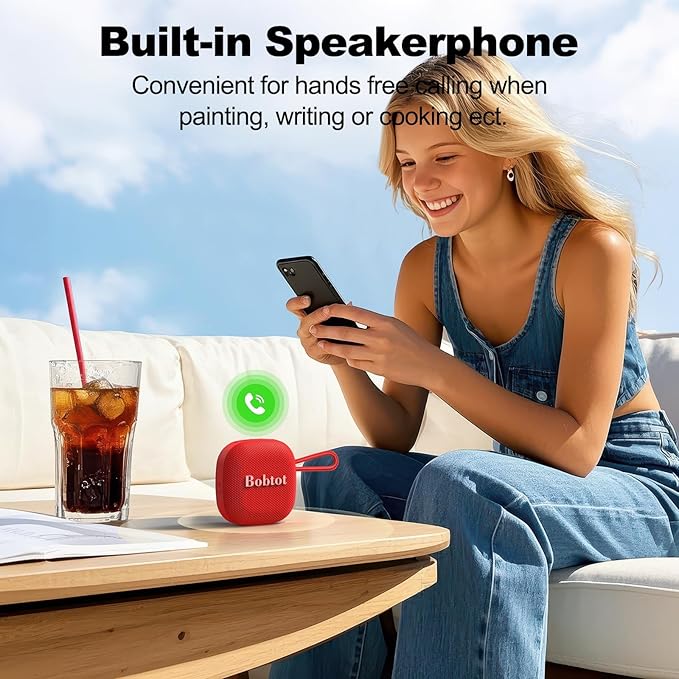 Bobtot Portable Bluetooth Speakers Wireless - IPX7 Waterproof Shower Speaker with 16 Hours Playtime, Loud Stereo Sound, TWS, Built-in Mic, Mini Size with Lanyard to Carry, Red