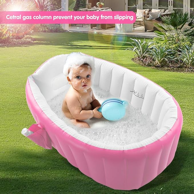 Inflatable Baby Bathtub, Portable Infant Toddler Bathing Tub Non Slip Travel Bathtub Mini Air Swimming Pool Kids Thick Foldable Shower Basin with Air Pump, Pink
