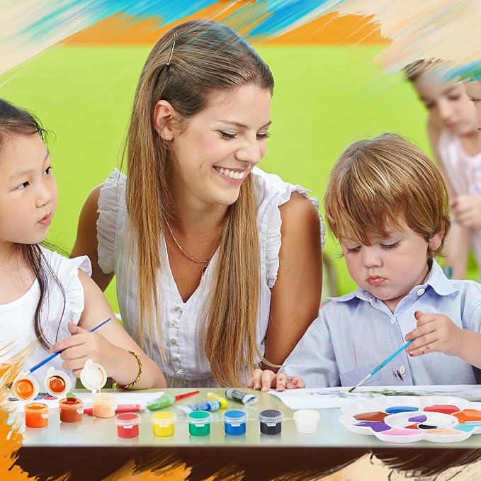 Fulmoon 24 Set Acrylic Paint Kits for Kids Adults Washable Mini Painting Kit Arts Crafts Party Favors Filled Strips Brushes Palettes Bulk for Classroom Home Kit Supplies (Vivid Color)