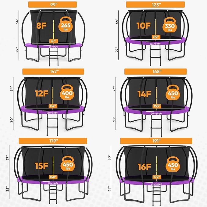 JUMPZYLLA Trampoline Outdoor 8FT 10FT 12FT 14FT 15FT 16FT with Enclosure and Ladder, ASTM Approved Recreational Trampoline for Kids and Adults, Anti-Rust Coated Frame