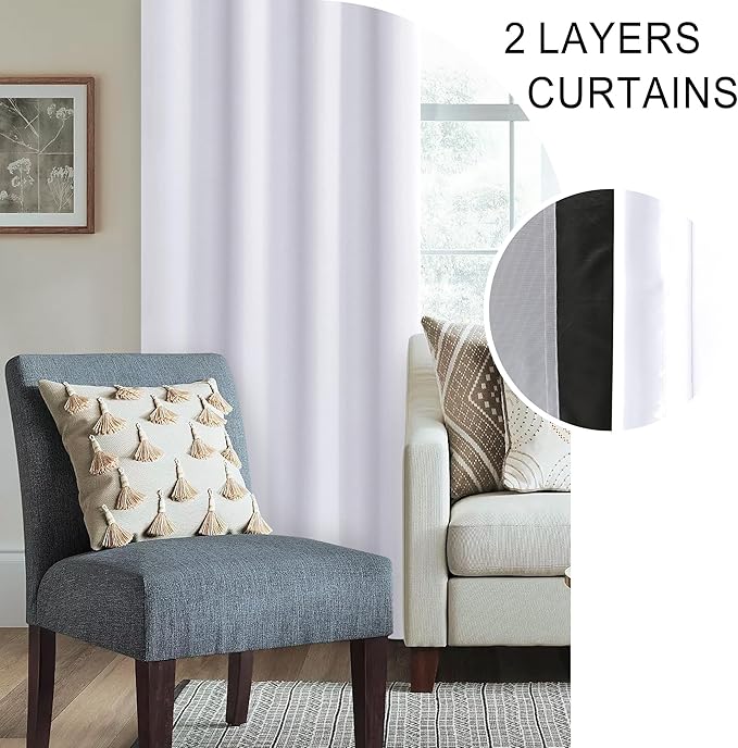 XWZO White 100% Blackout Curtains - Heat and Full Light Blocking Drapes with Black Liner for Bedroom/Laundry Room, Rod Pocket Window Panels with Tiebacks, White, W42 x L63, Set of 2