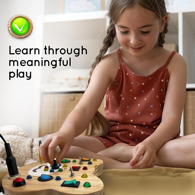Toddler Montessori Busy Board - Wooden Educational Toy with Lights, Switches, and Buttons - Sensory Board - Preschool Motor Skills Learning Activities - Christmas & Birthday Gift