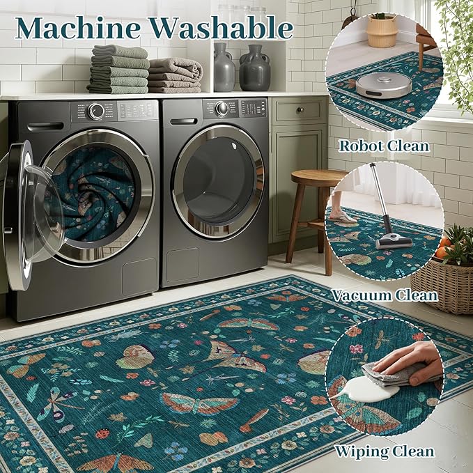 4ft Washable Round Rug - Bug Rugs for Living Room Non-Slip Low Pile Soft Ultra-Thin Machine Washable Circle Carpet for Bedroom, Entryway, Nursery, Kitchen, Home Office (4' Round Teal)