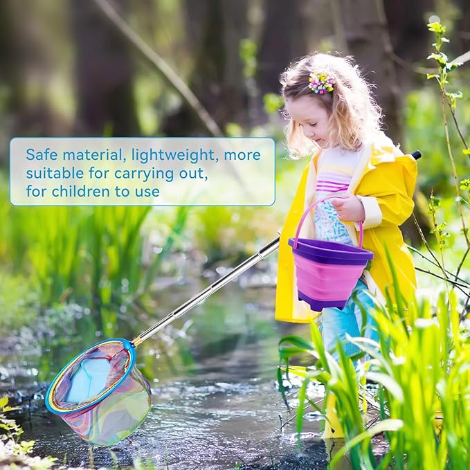 2PCS Fishing Net with Bucket, Telescopic Fishing Landing Net, Collapsible Kids Sand Bucket, Kids Fish Butterfly Catching for Freshwater Saltwater Outdoor Activities