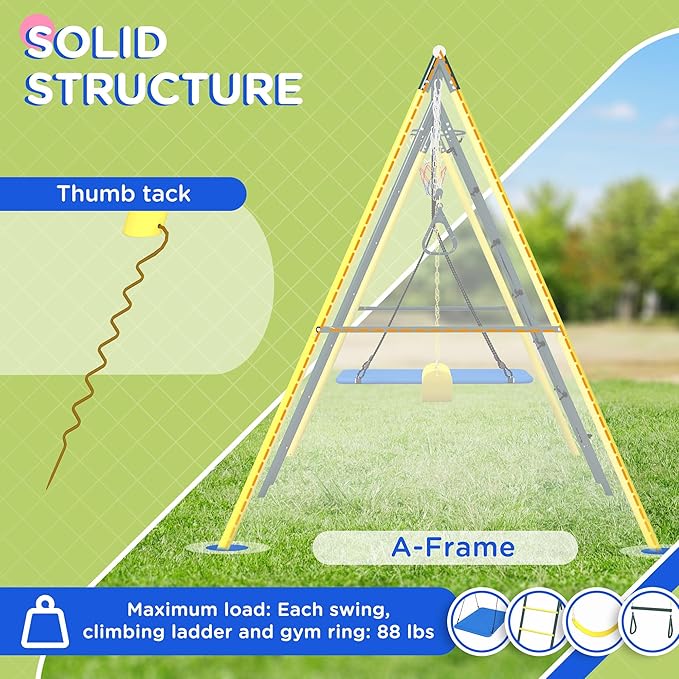 Outsunny 440 lbs Swing Set for Backyard, 5 in 1 Heavy-Duty A-Frame Stand Outdoor Playset for Kids, with Saucer Swing, Slide, Swing Seats, Gym Rings, Basketball Hoop, Climbing Steps and Net