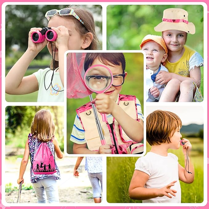 INNOCHEER Kids Explorer Kit & Bug Catcher Kit & Safari Costume Kit, Outdoor Exploration Set with Hat, Vest, Butterfly Net and Bugs Book for Boys Girls 3-12 Years Old (Camouflage Pink)