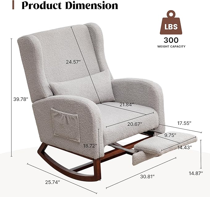 Rocking Chair Nursery with Foot Rest, Wingback Nursery Rocking Chairs, Teddy Nursing Glider Rocker Chair with Pillow and High Back for Nursery, Living Room, Bedroom, Grey