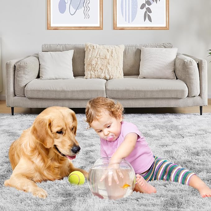 8x10 Area Rugs for Living Room, Ultra Soft Fluffy Rugs for Bedroom, Anti-Skid High Pile Indoor Carpet for Nursery, Study Room, Playroom, Home Decoration, Tie-Dyed Light Grey