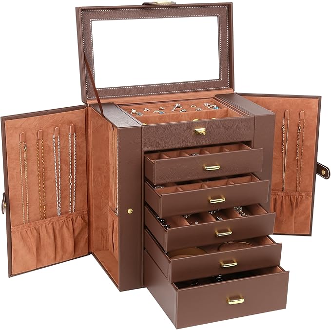 Kendal Extra Large Jewelry Box Jewelry Case PU Leather 6 Tier 5 Drawers Large Storage Capacity with Mirror Jewelry Storage Organizer Great Gift Also Good For Watches LJC-SHD5BN (Brown)