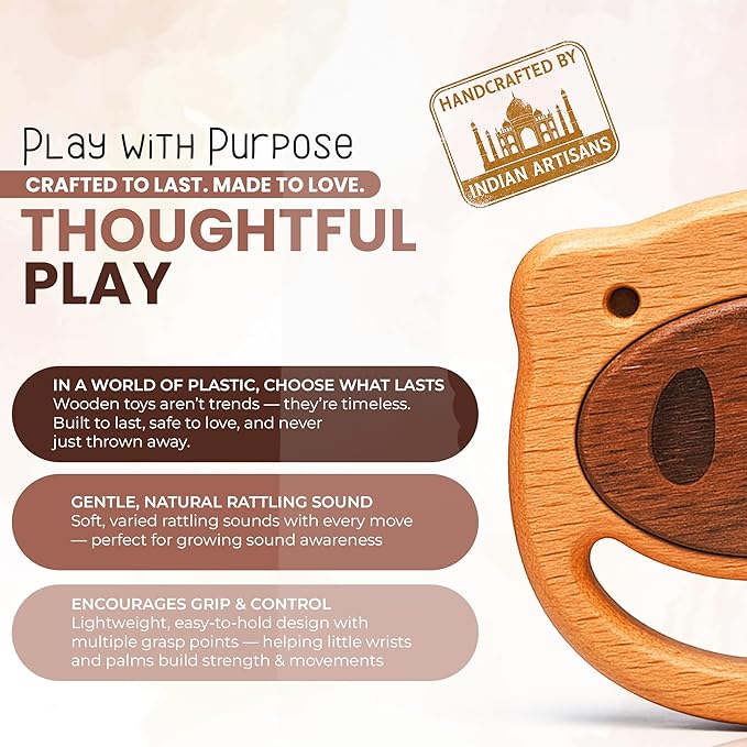100% Wooden Baby Toy | No Paint, No Plastic | Eco-Friendly Rattle for 0–6 Months