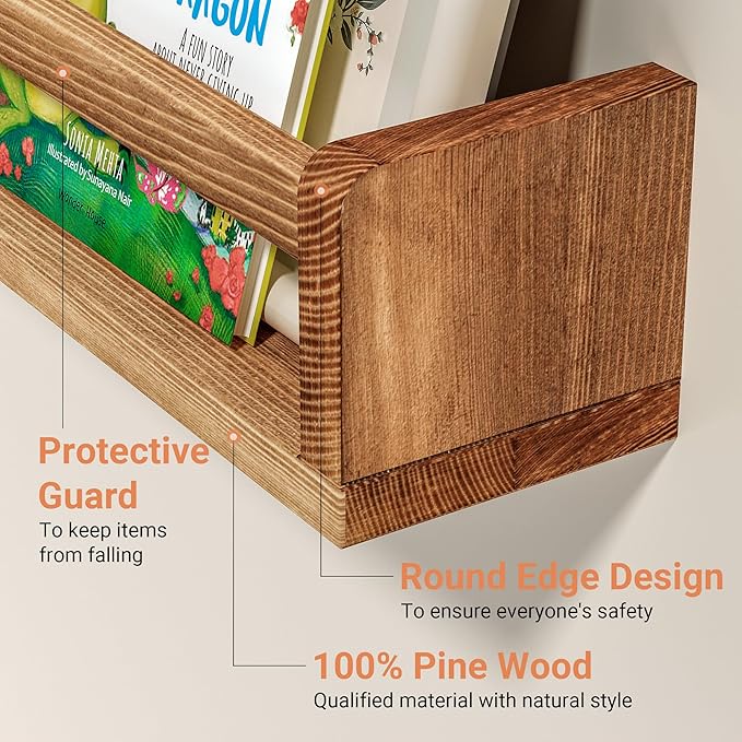 Heimlove 24 Inch Nursery Floating Shelves, Nursery Book Shelves for Wall, Wall Bookshelf for Kids Solid Wood Wall Mounted Shelves for Books,Toys and Decor Storage, Set of 2