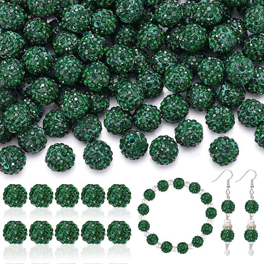 105pcs 10mm Rhinestone Beads for Jewelry Making, Dark Green Shiny Round Disco Ball Beads Bulk, Sparkle Crystal Clay Christmas for Bracelet Baseball Necklace Earring Crafting and DIY