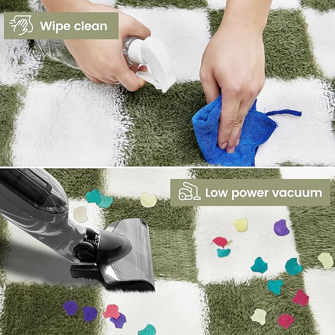 Super Soft Rug for Bedroom, 8x10 Ft Green and White Area Rug Classic Checkered Shaggy Anti-Skid High Pile Soft Fluffy Rug Fuzzy Carpet for Living Room Bedroom Kids Room Nursery, Dorm Home Decor
