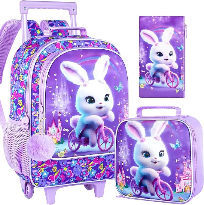 Rolling Backpack for Girls, Cute Rabbit Roller Wheels Kids Bookbag - Wheeled Elementary School Bag - 3PCS Rabbit