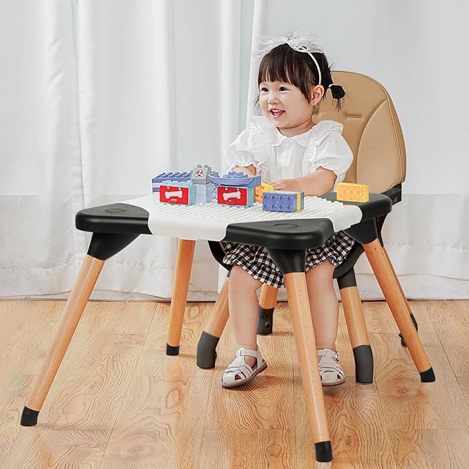 Gofirst 6 in 1 Convertible Wooden High Chair for Babies and Toddlers - Infant Dining Booster Seat With Building Block Table and 4-Position Removable Feeding Chair