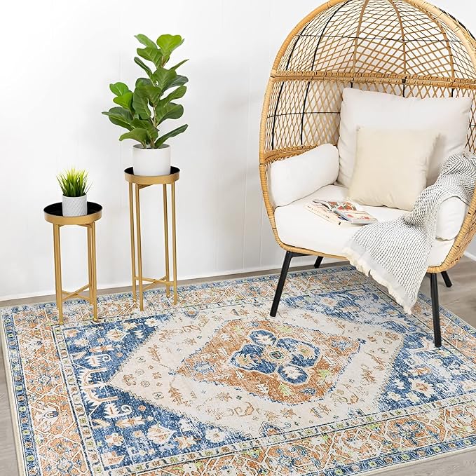 Lahome Boho Washable Living Room Rug 3x5 Throw Non-Slip Area Rug for Bedroom Lightweight Thin Rugs for Entryway Kitchen Vintage Distressed Print Aesthetic Capet for Office Bathroom Laundry Room