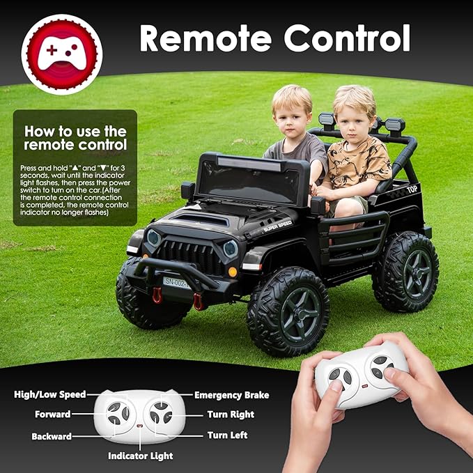 24V 2 Seater Ride On Truck with Remote Control 4WD Electric Car for Kids Ride On Car Battery Powered Ride On Toy Car with Music Player, LED Lights, Bluetooth, Rear Shock Absorber, Black