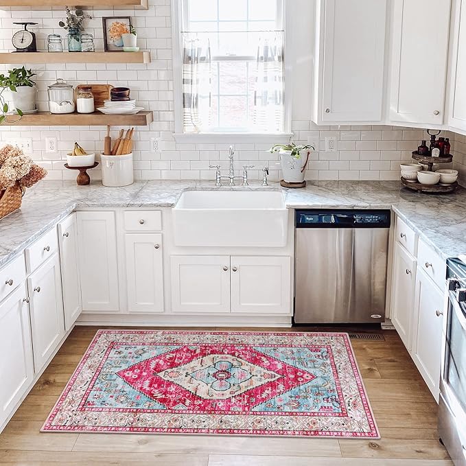 Lahome Boho Round Rug - 5Ft Washable Area Rug, Non-Slip Small Bathroom Rug, Lightweight Bedroom Throw, Oriental Distressed Print Carpet for Entryway, Sofa, Nursery, Kids Room