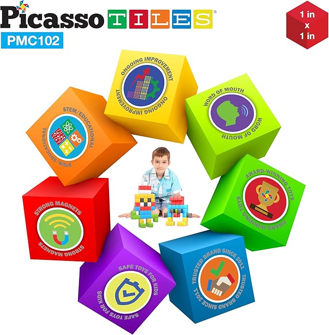 PicassoTiles 102pcs Pixel Magnetic Puzzle Cube 1” Pixel Mix & Match Toys with Ideabook STEM Education Learning Building Block Magnets Construction ToySet Stacking Creative Kit for Kids Age 3+ PMC102