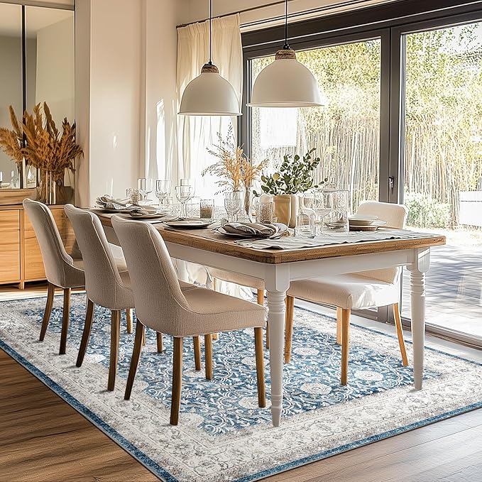 jinchan Floral 8x10 Area Rugs for Living Room Machine Washable Vintage Distressed Boho Design Throw Rug Stain Resistant Carpet Low-Pile Thin Non-Slip for Bedroom Dining Room Nursery (8‘x10',Dark Blue)