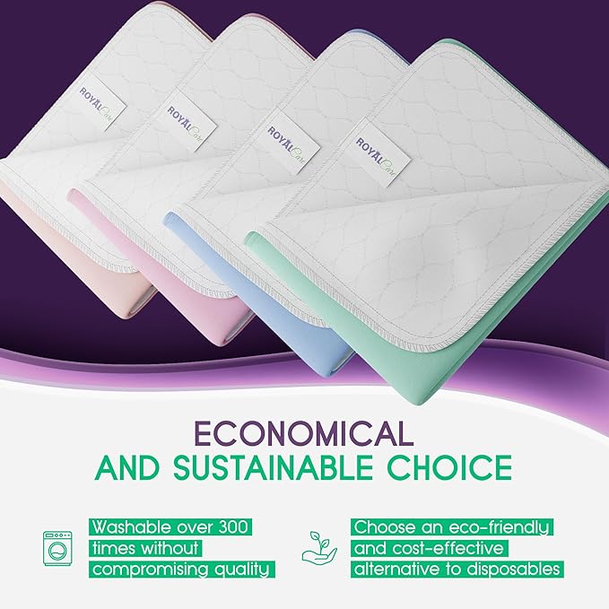 Incontinence Bed Pads - 4 Pack 18” x 24” Reusable Waterproof Mattress Protectors - Highly Absorbent, Machine Washable - for Children, Pets and Seniors - Assorted Colors - Royal Care