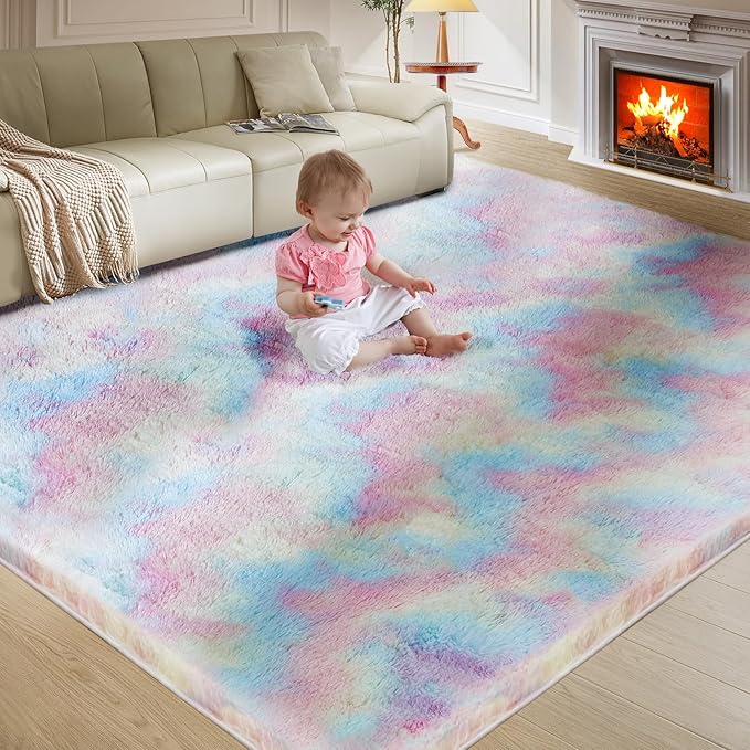 Ultra Soft Rug for Living Room, 8X10 Fluffy Shag Area Rug for Bedroom, Modern Shaggy Carpets Fuzzy Rug for Teens Dorm Nursery Home Decor Aesthetic, Upgrade Anti-Skid Durable, Rainbow