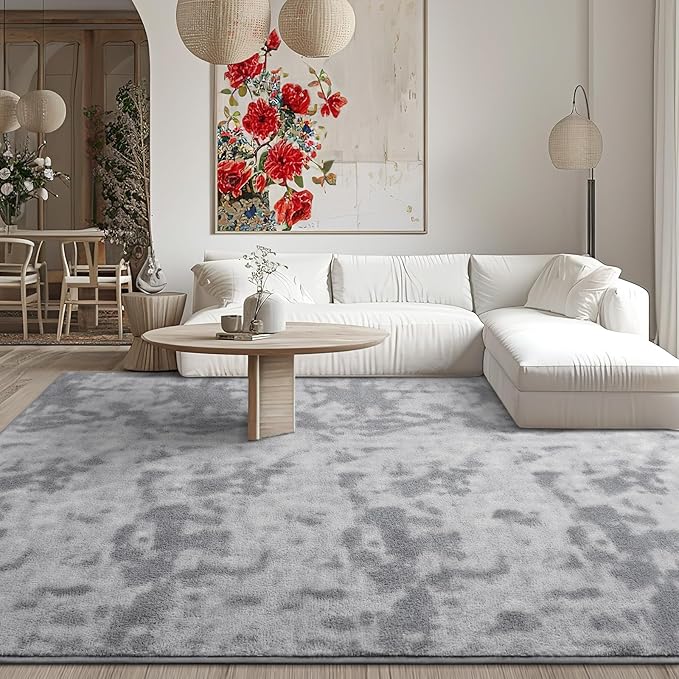 Kimicole 6x9 Washable Area Rugs for Living Room Bedroom, Large Low Pile Ulta-Thin Solid Color Rug, Non-Slip Soft Fluffy Carpet for Nursery Kids Room Dorm Room Home Decor (Light Grey)
