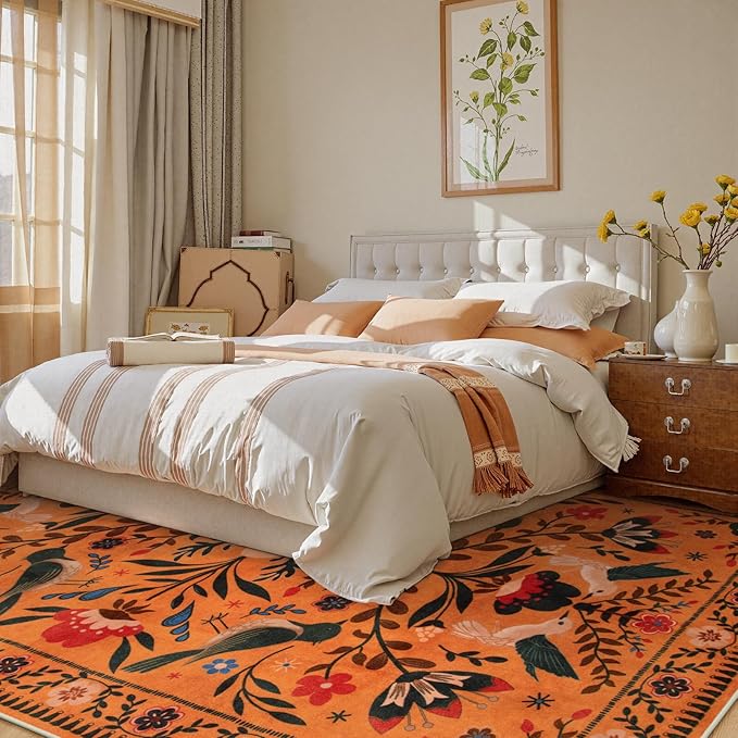 Moynesa Boho Area Rugs 9x12 Living Room, Machine Washable Ultra Thin Soft Bedroom Rug, Indoor Bird Floral Pattern Print Large Orange Carpet for Hardfloor Dining Room Under Table Playroom