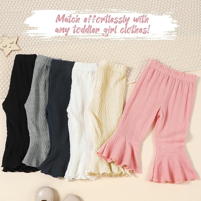 2 Pack Toddler Baby Girl Pants Flare Leggings Ribbed Knit Newborn Bell Bottoms Solid Ruffle Infant Pants for Girls