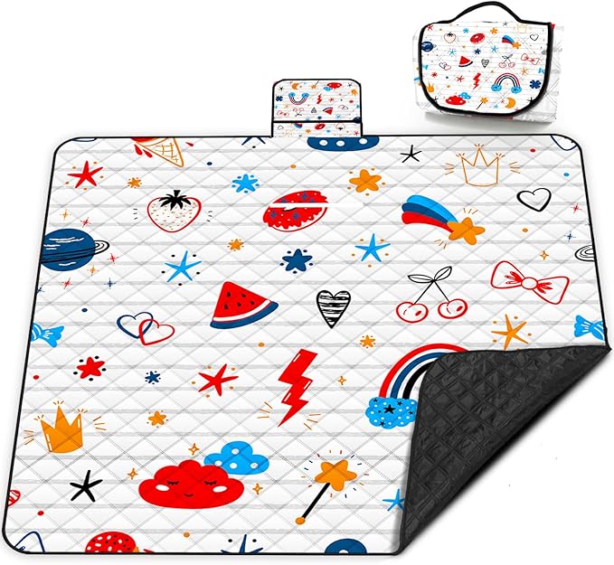Poedist Extra Large Picnic Blanket Waterproof,80"x 80"Foldable Machine Washable Beach Blanket,Outdoor Blanket for 6-8 Adults,Suitable for Indoor Crawling,Park Beach,Camping,Hiking,Family Travel(Cute)