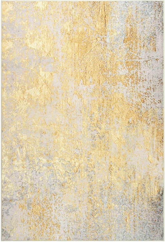 Nursery Rug for Baby Girl, 5x7 Gold Washable Rugs for Living Room Bedroom Dorm Non Slip, Stain Resistant Neutral Carpet Low Pile for Classroom, Dining Room, Kids Playroom