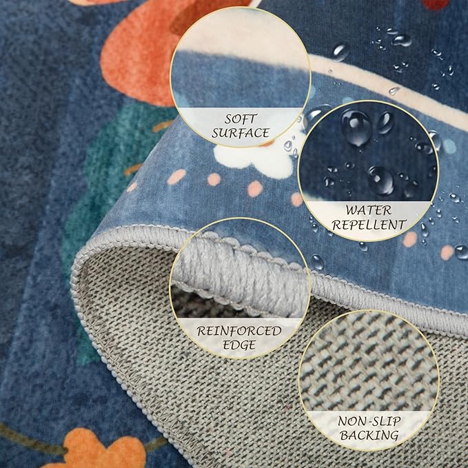 Floral 8x10 Area Rug Machine Washable Soft Print Boho Carpet Non Slip Doormat Low Pile Flower Area Rugs for Living Room Bedroom Nursery Kitchen Dining Room Indoor-Blue/Grey