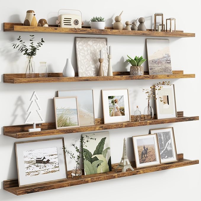 Floating Picture Ledge Shelves for Wall Set of 4, 48 Inch Wall Shelves with Lip Long Large Nursery Book Shelf for Toys Storage Kids Bookshelf Wall Mounted Living Room Bedroom Decor Frames