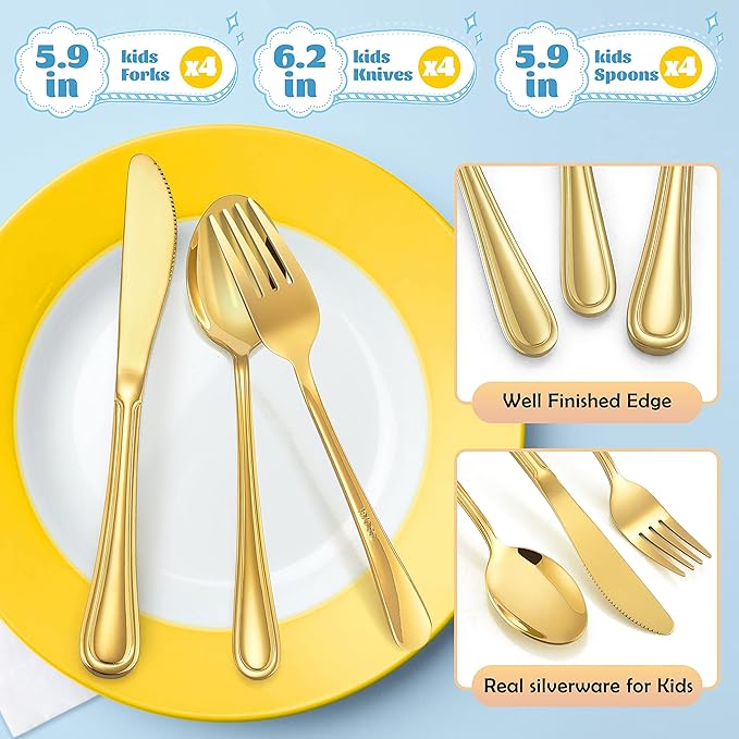 12-Piece Gold Kids Silverware, E-far Stainless Steel Toddler Kids Utensils Safe for Preschooler/Children, Includes 4 Forks 4 Spoons 4 Knife, Slimline Look & Small Size, Healthy & Rust Free
